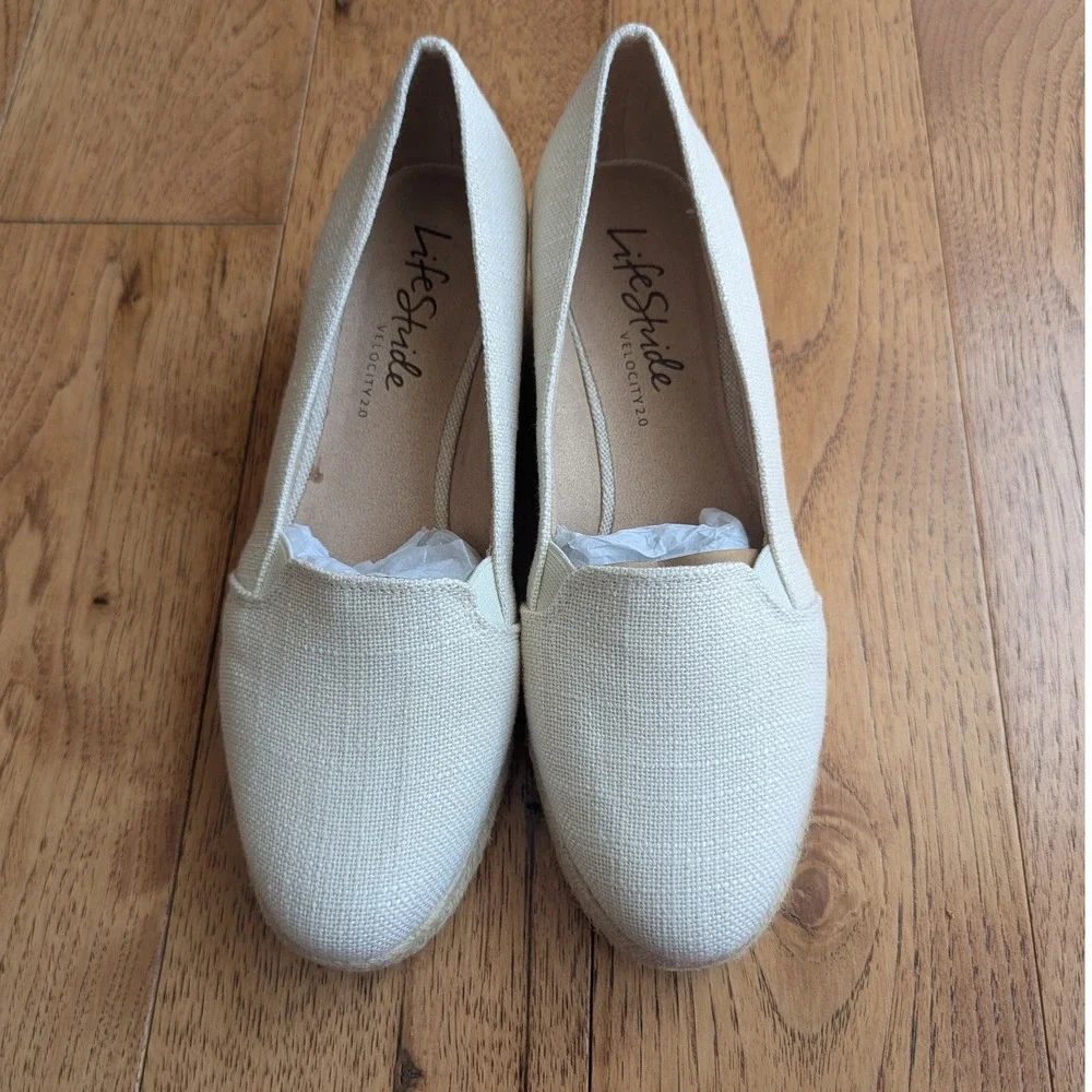 LifeStride Espadrille Wedge Beige Fabric Velocity 2.0 Womens 8.5M Comfort‎ Jute